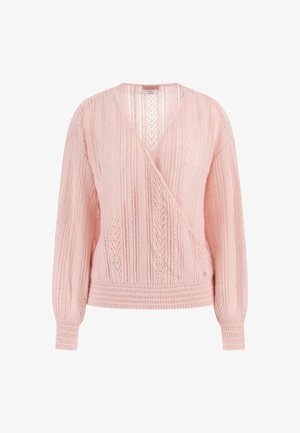 Pull en tricot rose clair avec manches longues, motif de tricot ouvert, poignets et taille côtelés, étiqueté GUESS en mélange d'alpaga.