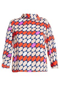 Blouse à manches longues avec un motif géométrique en rouge, marine, blanc et rose. Confectionnée en tissu lisse, dotée d'un col plié et d'une coupe décontractée.