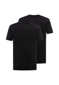 To sorte t-shirts med kortærmer lavet af blødt stof. Hver har en rund halsudskæring og et enkelt, sømløst design uden synlige logoer.