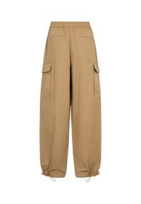 Pantalon cargo beige à jambes larges avec taille élastique, poches à rabat sur les côtés et cordons ajustables aux ourlets.