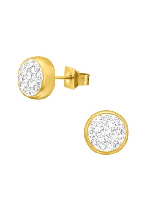 Orecchini a cerchio in oro con un design rotondo, impreziositi da multiple pietre di rhinestone trasparenti in incastonatura sulla superficie, finitura liscia e chiusura a farfalla sicura.