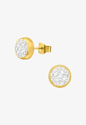 Orecchini a cerchio in oro con un design rotondo, impreziositi da multiple pietre di rhinestone trasparenti in incastonatura sulla superficie, finitura liscia e chiusura a farfalla sicura.