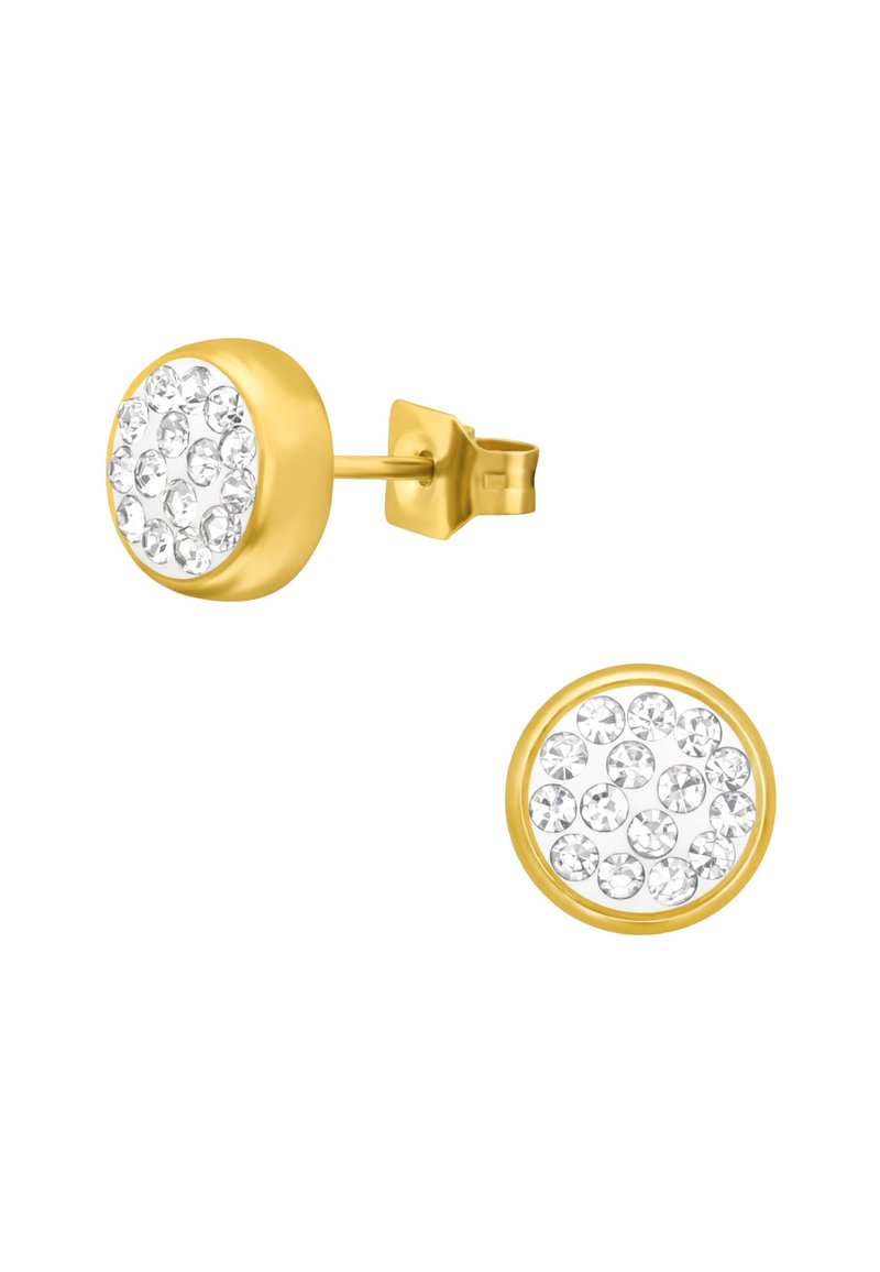 Orecchini a cerchio in oro con un design rotondo, impreziositi da multiple pietre di rhinestone trasparenti in incastonatura sulla superficie, finitura liscia e chiusura a farfalla sicura.