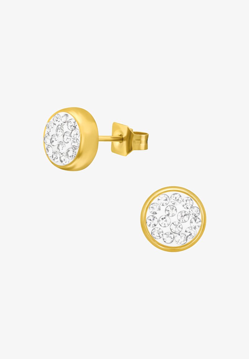 Gouden studiearrings met een ronde vorm, versierd met meerdere heldere rhinestones op het oppervlak, een gladde afwerking en een veilige vlindersluiting.