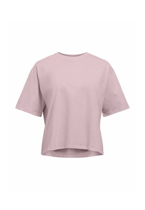 T-shirt ample à manches courtes rose clair avec un col rond et un ourlet légèrement arrondi sur fond blanc.