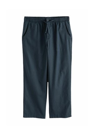 Marineblå afslappede bukser med elastisk talje, snøre, knaplukning, sidelommer og lige ben.