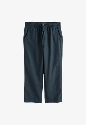 Marineblå afslappede bukser med elastisk talje, snøre, knaplukning, sidelommer og lige ben.