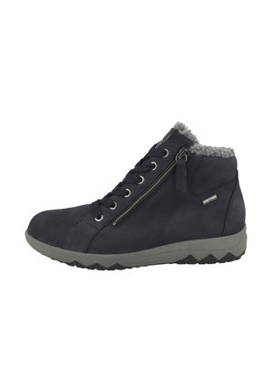 Bottes noires montantes avec une finition lisse, doublure en fausse fourrure grise, fermeture éclair sur le côté, devant lacé et semelle en caoutchouc grise contrastante.