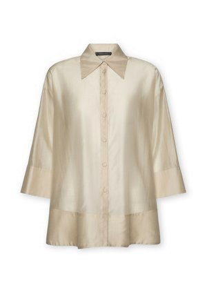 Beige Satinbluse mit spitzem Kragen, vorne knöpfbar, dreiviertelärmeln und einem leicht ausgestellten Saum.