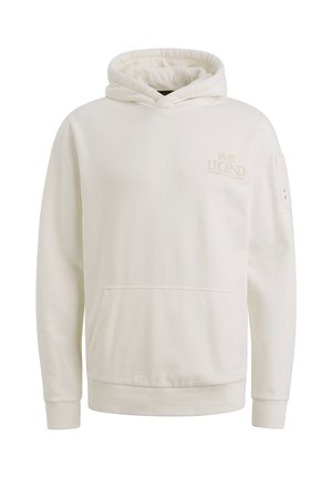 Bijela pamučna hoodie jakna s prednjim džepom, podesivom kapuljačom i izvezenim logotipom na prsima. Rebrasti manžeti i rub. Jednostavan dizajn.