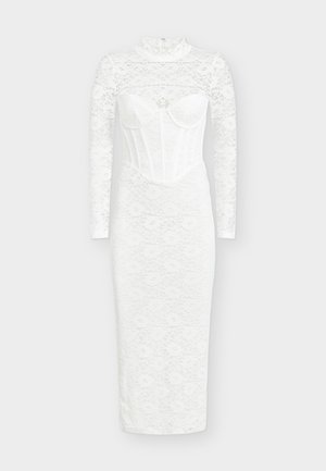 Weißes Spitzenkleid mit engem Oberteil und herzförmigem Ausschnitt, langen Ärmeln und Midi-Länge. Ganzflächiges, strukturiertes Blumenmuster.