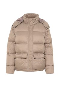 Doudoune de couleur beige clair, avec un col haut, des d�étails de boutons-pression sur les épaules, deux poches avant et une texture matelassée.