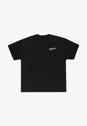 Schwarzes T-Shirt aus Baumwollstoff, mit einem einfachen Rundhalsausschnitt und kurzen Ärmeln, auf der Vorderseite mit einem weißen "Hot Wheels"-Logo.