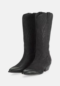 Botas de vaquero de cuero negro con punta afilada, costuras decorativas y un tacón bajo apilado. Textura suave con detalles en relieve.