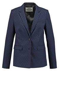 Blazer marine à motif à pois, fermeture à un bouton, deux poches avant, et coupe ajustée, confectionné en tissu texturé.