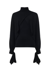 Schwarzes Rollkragenoberteil mit drapiertem Vorderdesign, langen Ärmeln und gebundenen Akzenten an den Bündchen. Hergestellt aus weichem Material, das eine lockere Passform bietet.