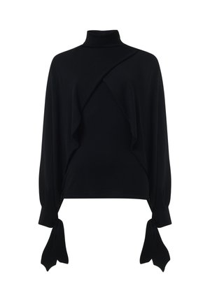 Zwarte coltrui met een gedrapeerd voorpand, lange mouwen en gestrikte accenten bij de manchetten. Gemaakt van zachte stof, biedt een relaxte pasvorm.