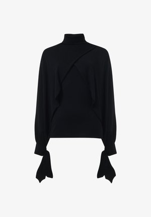 Zwarte coltrui met een gedrapeerd voorpand, lange mouwen en gestrikte accenten bij de manchetten. Gemaakt van zachte stof, biedt een relaxte pasvorm.