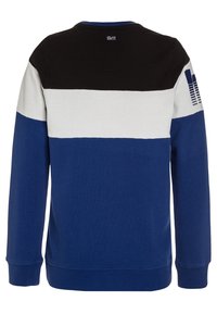 Felpa color block blu, nera e bianca con maniche lunghe, collo a giro e dettagli testurizzati sulla spalla. Realizzata in morbido cotone.