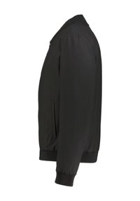 Schwarze Bomberjacke mit geripptem Kragen und Bündchen, mit Reißverschluss und Seitentaschen, aus glattem Stoff.