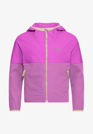 Rosa und hellviolette Jacken mit Reißverschluss und Kapuzen, ausgestattet mit seitlichen Reißverschlüssen und einem kontrastierenden grünen Saum, getragen von zwei Kindern.