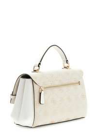 Sac à main blanc avec une surface en tissu texturé et un détail de fermeture éclair dorée. Présente une forme structurée et une bordure noire contrastante.