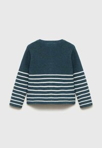 Stickad tröja i mörk teal med vita horisontella ränder. Har rund halsringning och långa ärmar. Mjuk textur, avslappnad design.