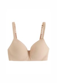 Reggiseno imbottito beige con spalline regolabili, texture liscia e scollatura profonda. Senza parti metalliche o motivi visibili.