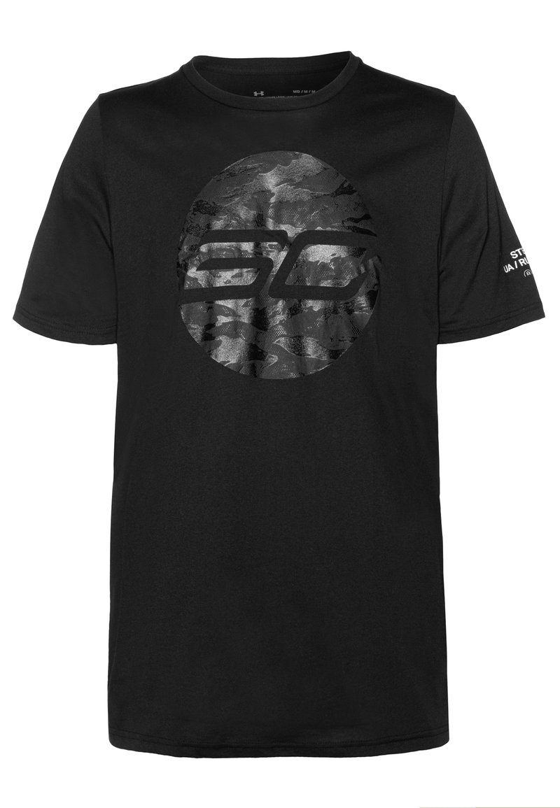 Czarny t-shirt z krótkim rękawem, z dużym okrągłym nadrukiem w kamuflażu i logo na środku, wykonany z teksturowanej tkaniny, z okrągłym dekoltem.