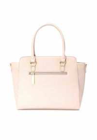 Borsa a tracolla in ecopelle rosa chiaro con design strutturato, doppi manici, hardware color oro, tasca frontale con zip e finitura testurizzata.