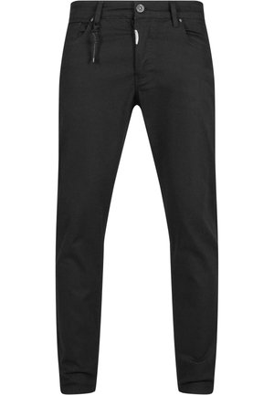 Pantaloni neri slim fit realizzati in un tessuto morbido e elastico. Presentano cinque tasche, una chiusura con zip e un laccetto in vita per la regolazione.