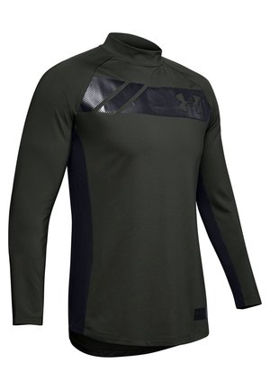 Donkergroene sporttop met lange mouwen, zwarte zijpanelen en een glanzend zwart borstpaneel met een logo aan de linkerkant.