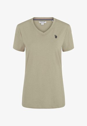 Beige V-hals kortærmet t-shirt med lille mørkt logo på venstre bryst, mellemstørrelse, ensfarvet design.
