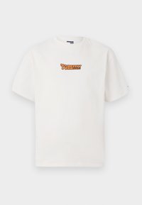 White short-sleeve T-shirt with small orange "Tommy Jeans" text logo centered on the chest against a plain background.