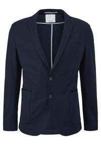 Navy-blauer Blazer aus weichem Stoff mit einer Zwei-Knopf-Verschluss, fallenden Revers, einer Brusttasche und zwei Seitentaschen.