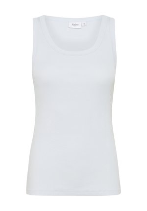 Biely tielko vyrobené z rebrovanej látky, s okrúhlym výstrihom a širokými ramienkami, s označením "Saint" vo vnútri.