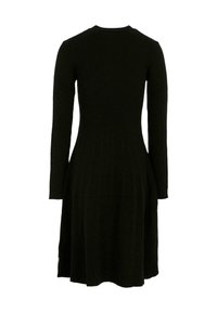 Abito lungo nero a coste con maniche lunghe, vita aderente e gonna svasata, mostrato da dietro su uno sfondo bianco.