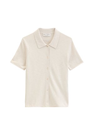 Beige overhemd met korte mouwen en knopen, voorzien van een puntige kraag, gemaakt van lichtgewicht stof, weergegeven op een witte achtergrond.