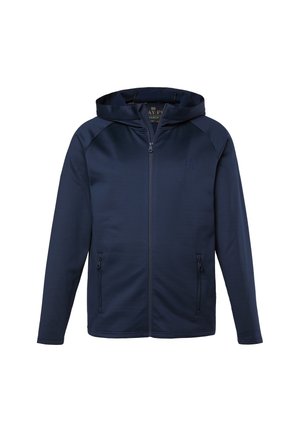 Felpa con cappuccio blu navy con cerniera, maniche lunghe, due tasche frontali con cerniera e cappuccio aderente.