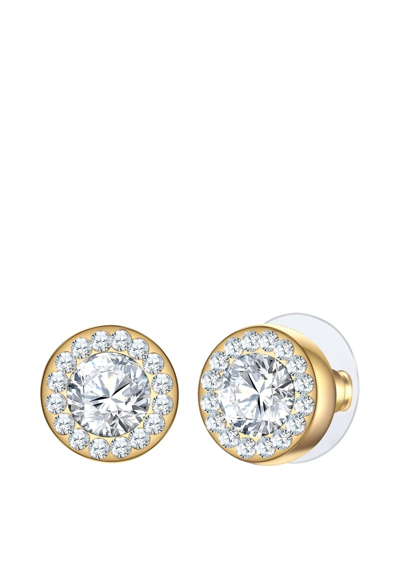 Guldörhängen med en rund, klar centralsten omgiven av mindre, klara stenar i en cirkulär fattning. Glansig yta.