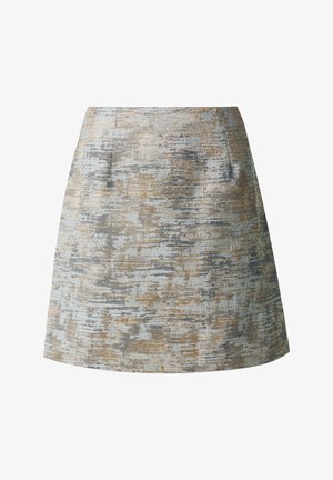 Tkaninowa spódnica w jasnoniebieskim kolorze z teksturowanym, złotym i szarym abstrakcyjnym wzorem. Posiada dwie przednie kieszenie oraz rozkloszowany kształt w stylu A.