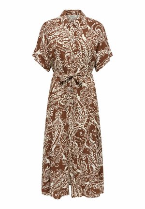 Brun midi-kjole med hvidt blomstrede paisleyprint, korte ærmer, knaplukning foran, krave og bindebælte i taljen.