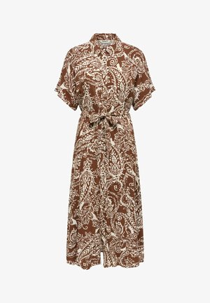 Abito midi marrone con stampa paisley floreale bianca, maniche corte, bottoni frontali, collo e cintura annodata in vita.