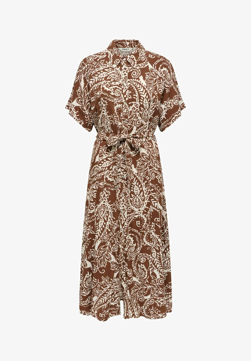 Barna midi ruha fehér virágos paisley mintával, rövid ujjú, gombos elülső résszel, gallérral és derékszalaggal.