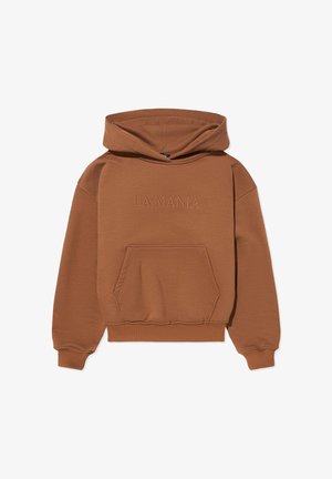 Barna kapucnis pulóver elülső zsebbel, hímzett "LA MANIA" logóval, bordázott szegéllyel és mandzsettával, puha anyagból készült.