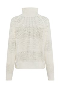 Fleckiger Strickpullover in Off-White mit hohem Kragen. Verfügbar mit Rippbündchen und -saum sowie dezenten Texturvariationen über den Körper.