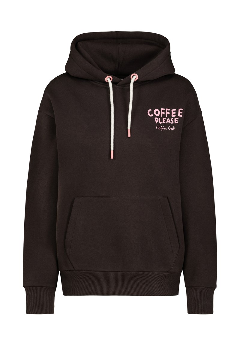 Bruine hoodie met een voorzak, witte trekkoorden en roze tekst die zegt "COFFEE PLEASE" en "Coffee Club" op de borst.