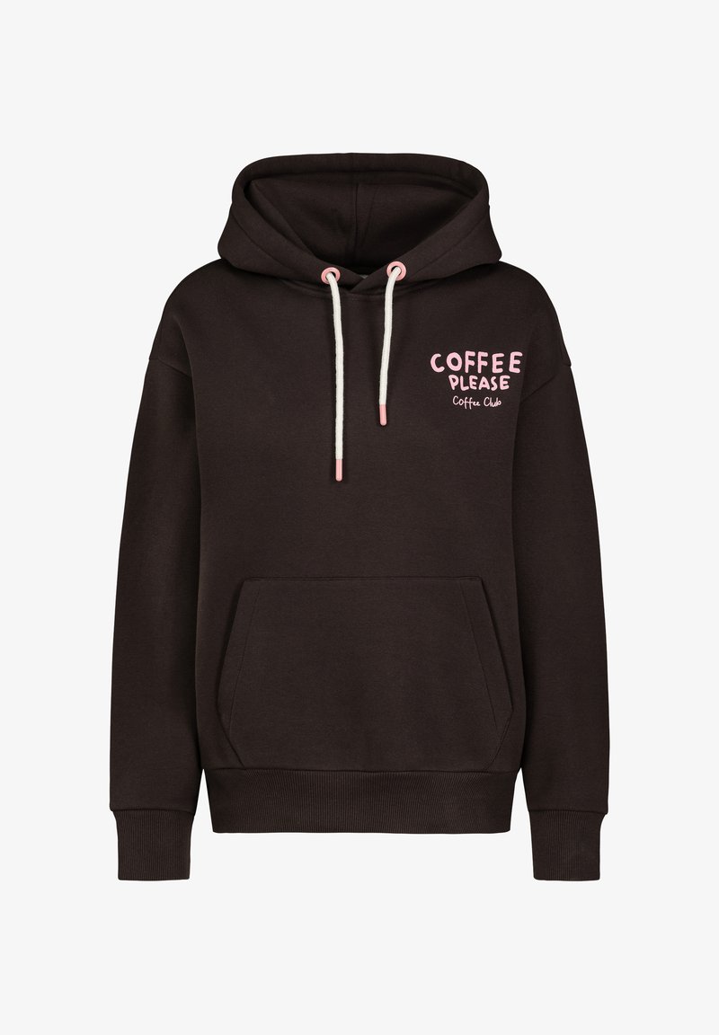 Bruine hoodie met een voorzak, witte trekkoorden en roze tekst die zegt "COFFEE PLEASE" en "Coffee Club" op de borst.