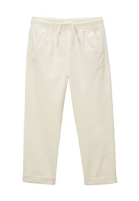 Pantalons de couleur crème, coupe décontractée, avec une taille élastique, un cordon de serrage réglable et des poches latérales. Ourlets roulés aux poignets.