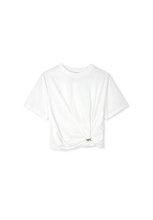 Biała koszulka z krótkim rękawem wykonana z bawełny, z węzłem z przodu i metalowym zapięciem. Gładka faktura, casualowy design.